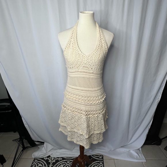 Moda International Dresses & Skirts - ✨ MODA International Cream Crochet Halter Dress Boho Festive Mini Dress - Medium